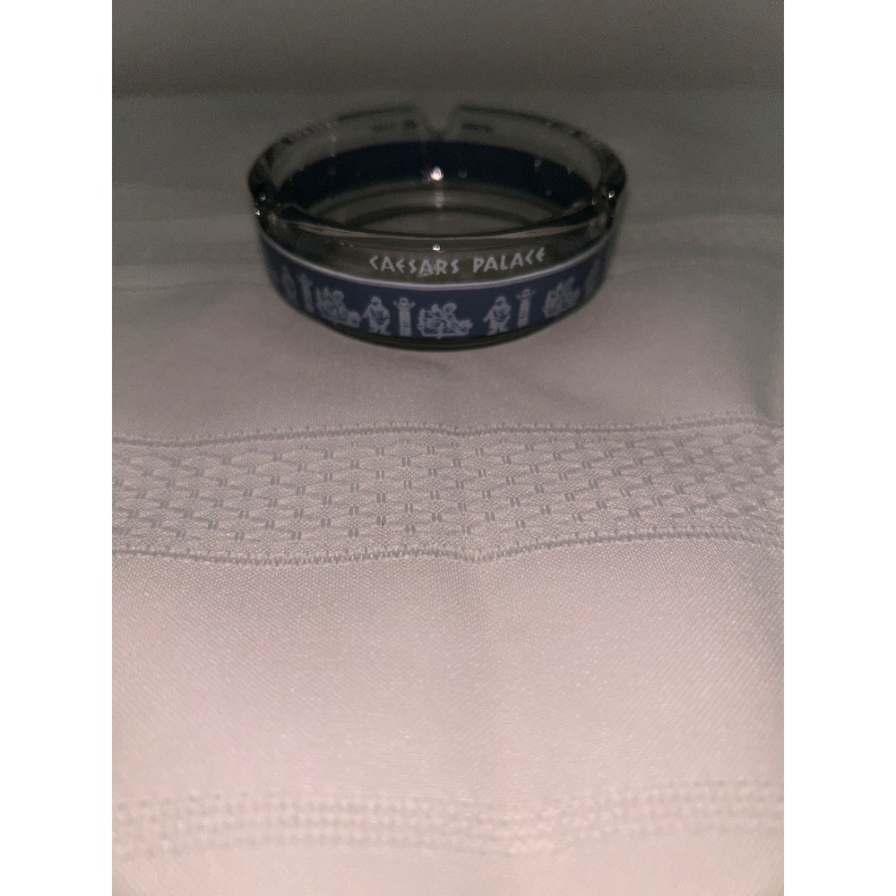 Vintage Caesars Palace Las Vegas Nevada Glass Ashtray Blue White Roman Graphic